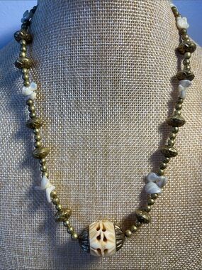 Vintage brass bead necklace w/ natural mother of pearl chips & carved pendant